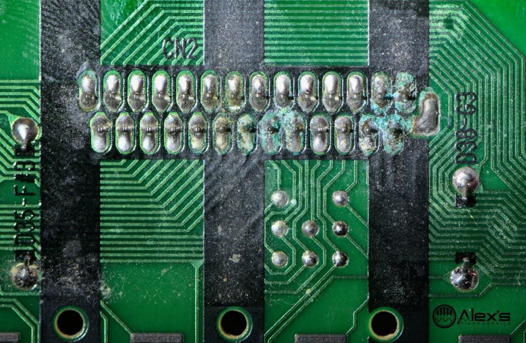 A closeup of a corroded connection on the center circuit board of the P-125 referenced above.