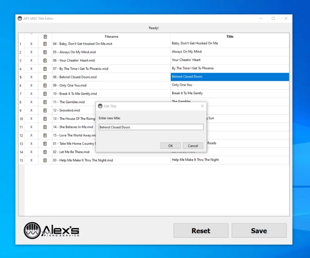 APS MIDI Title Editor, showing the title edit window and a full album. I was unable to find any other software that performs this useful task!